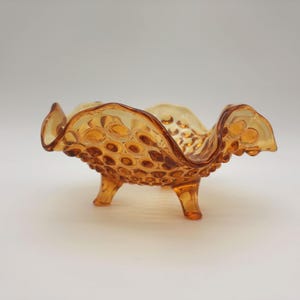 Vintage Fenton Glass Amber Hobnail 3-Toed Footed Ruffled Bowl