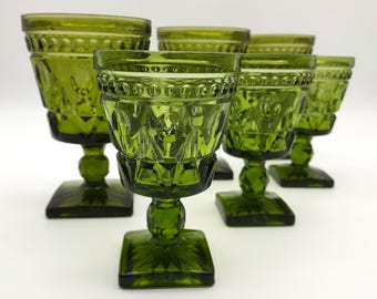 Vintage 1970s Green Geometric Water Goblets or Wine Glasses, Sets of Eight