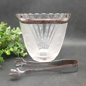 Vtg Clear and Frosted Glass Ice Bucket w/ Claw Tongs