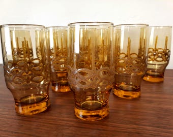 Vintage Amber Tumblers with Applied Designs, Set of 10