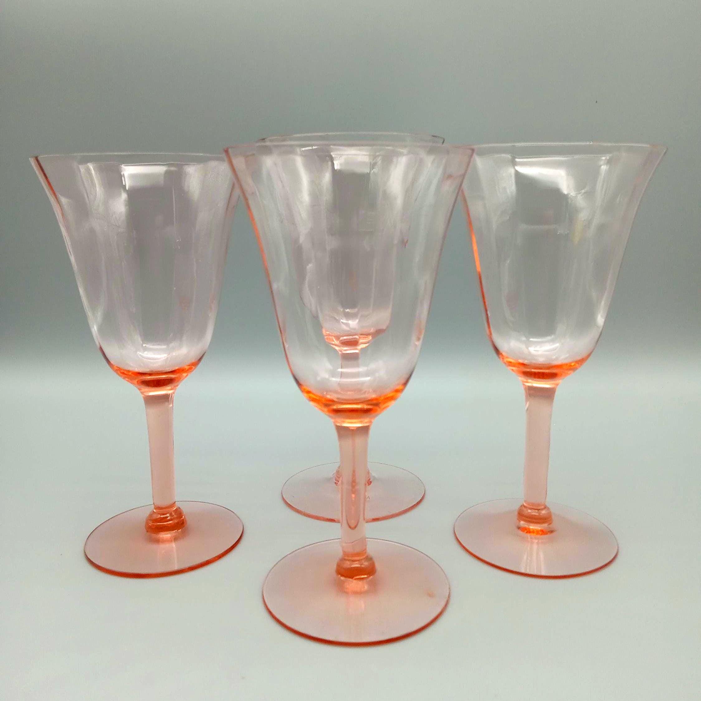 Vintage 1930s Tiffin-Franciscan Pink Optic Water Goblets/ Wine Glasses, Set of Four