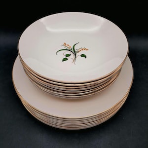 Vintage Mid-Century Knowles China Forsythia Dinner Plates and Coupe Soup Bowls, 8 of Each