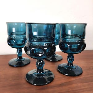 Vintage Riviera Blue 1970s Thumbprint Water Goblets, Set of Four