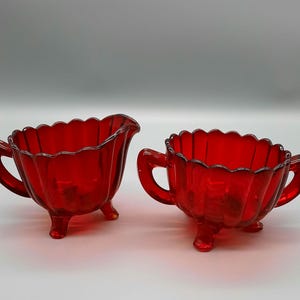 Vintage 1940s-1950s Ruby Red Pillar Flute Footed Sugar Bowl and Creamer, Imperial Glass-Ohio