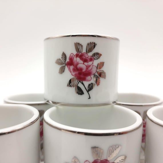 ナプキンリング6個セット Vintage Porcelain Napkin Rings, Set of 6, Silver Rose by Fukagawa
