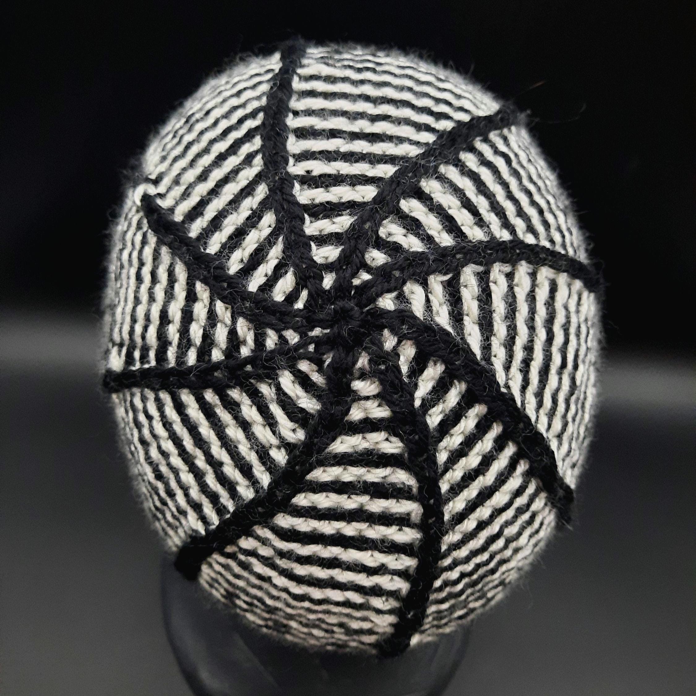 Hand-knit Horizontal Striped Black and White Hat W/ Vertical Ribs