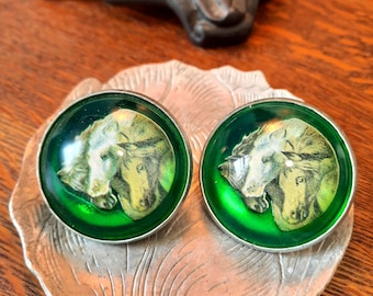 Vintage H.A. Chapman Green Bridle Rosette Pair w/ Three Horses