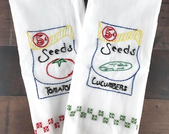 Vintage Cotton Kitchen Towels, Embroidered w/ Seed Packs, Pair