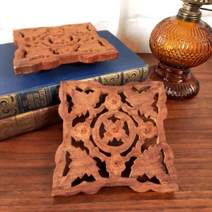 Pair of Hand-Carved Wood Trivets, Made in India