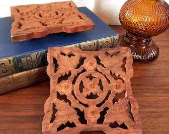 Pair of Hand-Carved Wood Trivets, Made in India