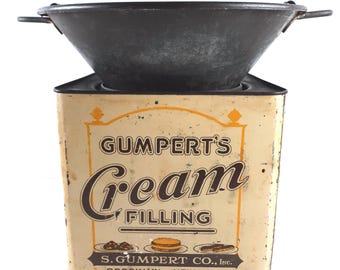 Large Vintage Gumpert's Cream Filling Tin and French Food Mill Funnel