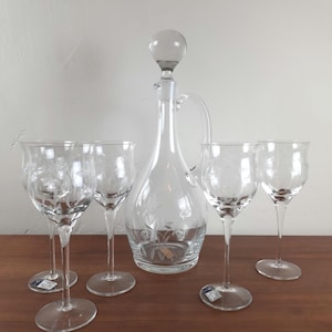 Vintage Romanian Etched Glass Decanter and Five Wine Glasses