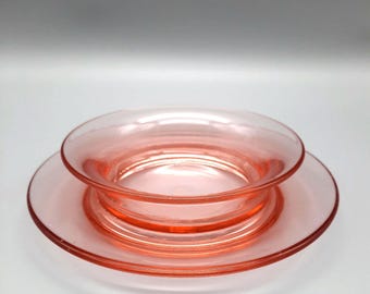 Pink Depression Glass Bowl with Attached Underplate, ca. 1920s
