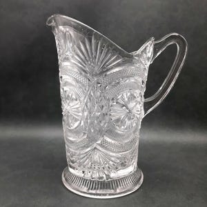 Vintage Pressed Clear Glass Pitcher w/ Medallion & Sunburst Pattern