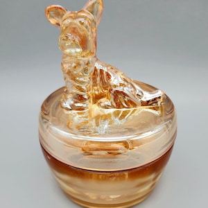 Vtg Iridescent Glass Powder Jar w/ Scottie Dog Lid