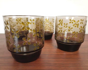Vintage Set of Four Short Drinking Glasses w/ Embossed Golden Floral Motif