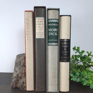 K&ouml;nnte beinhalten: Eine Sammlung alter B&uuml;cher mit Titeln wie "Utopia", "Uncle Tom's Cabin" und "Moby Dick". Die B&uuml;cher sind in verschiedenen Farben wie Beige, Braun und Gr&uuml;n gehalten und vertikal angeordnet. Links befindet sich ein dekorativer Stein.