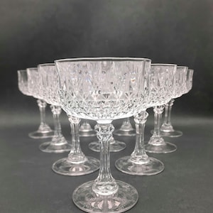 Ten Vintage Crystal Champagne Coupes w/ Vertical and Criss-Cross Designs