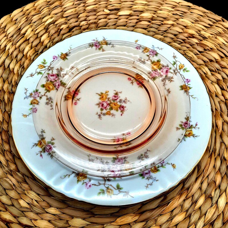Vintage Depression Glass 7.25 Salad Plates pink and Light Amber and 6