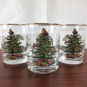 Vintage Spode Christmas Tree Double Old Fashioned Glasses, Set of Four, Includes Box