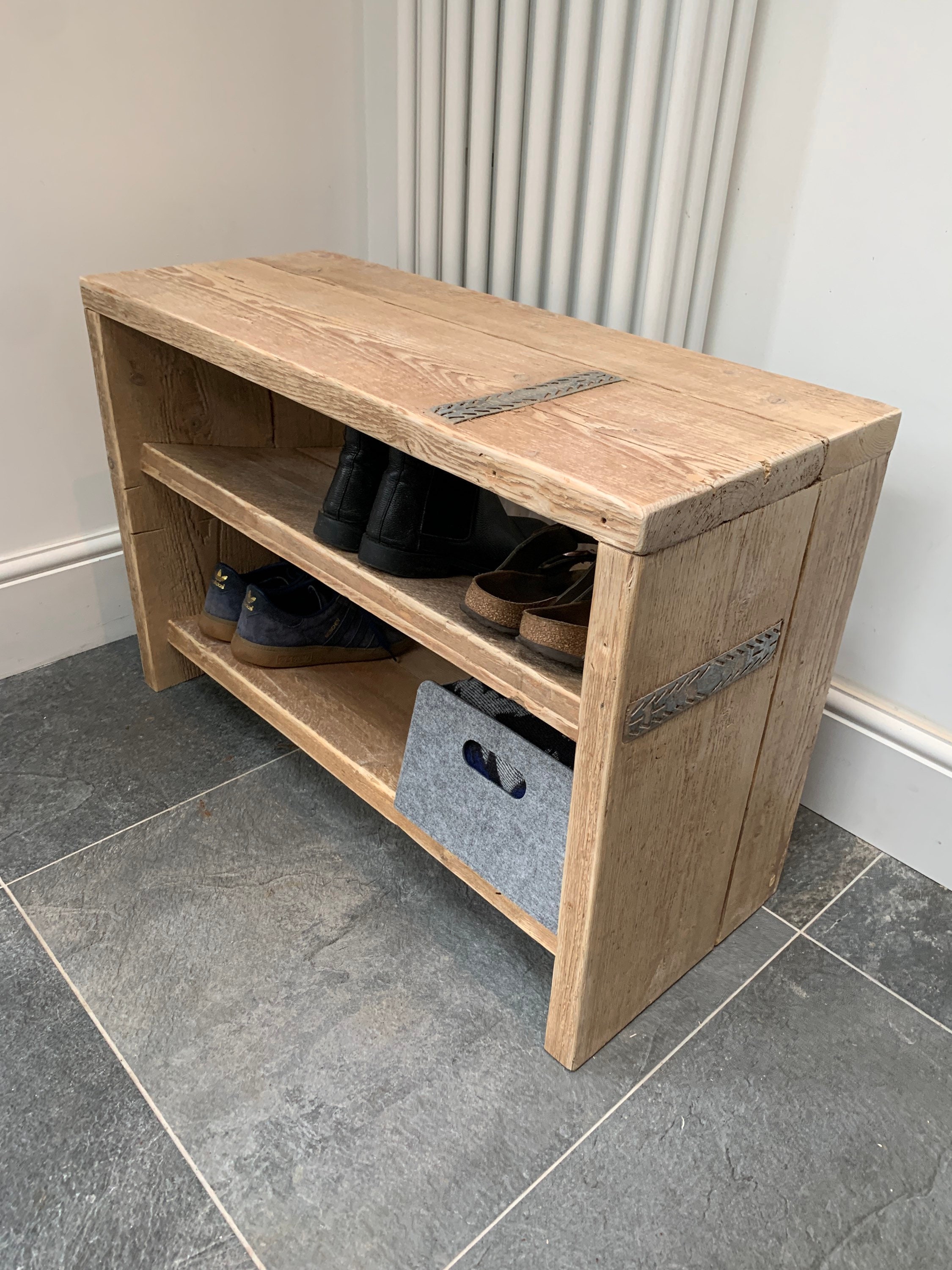 Reclaimed wooden scaffold board shoe rack bench shelves Etsy