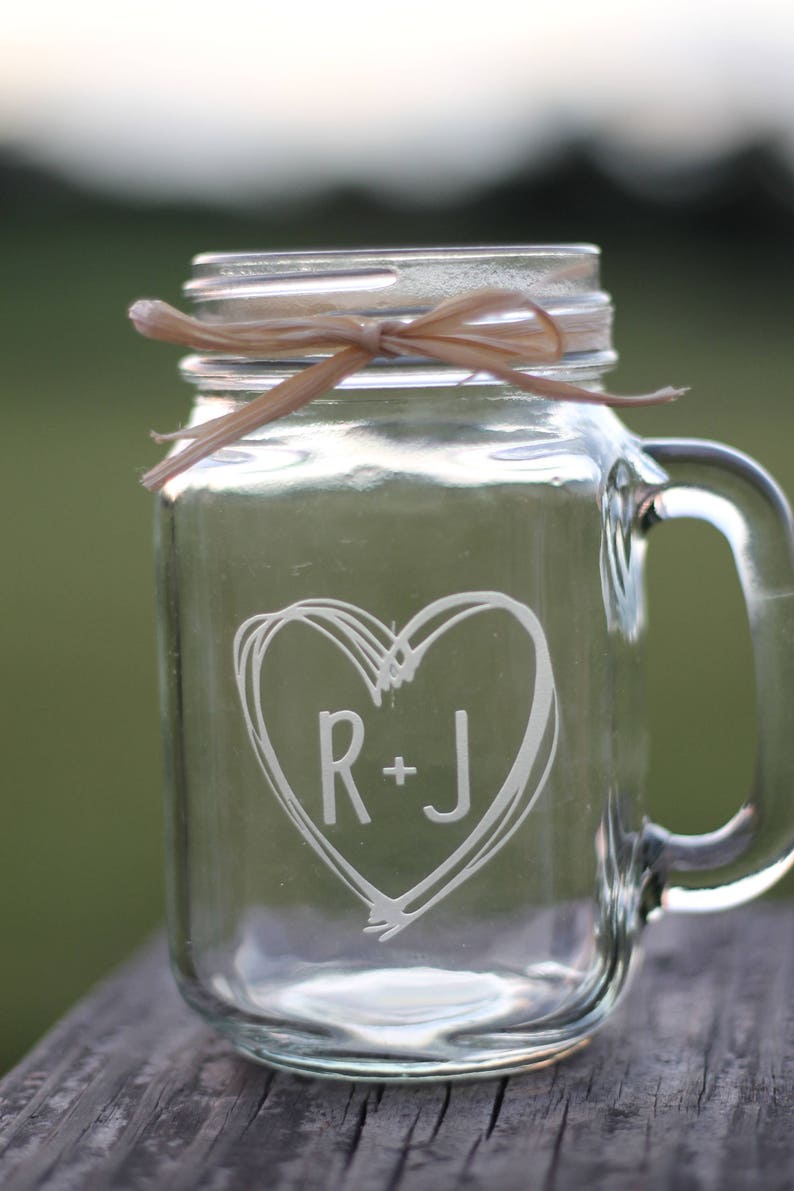 Etched Mason jar with handle rustic chic country wedding Etsy