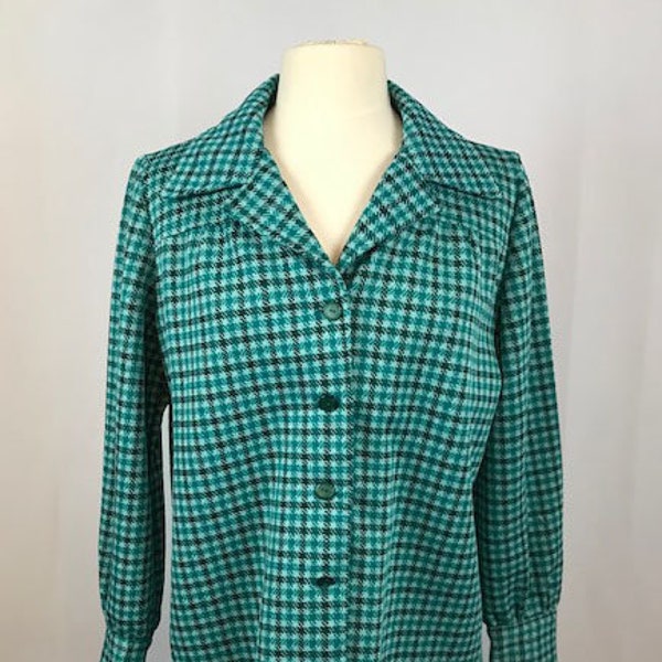 70's Womens Mod Teal Blue Houndstooth Leisure Jacket, 1960's Shirt