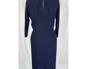 Vintage Navy Blue 3/4 Sleeve Keyhole Wiggle Midi Dress Sun Bleached 40s Style
