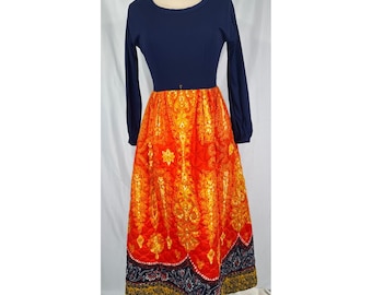 Vintage Howard Wolf Blue Orange Quilted Skirt Paisley Maxi Hostess Dress 36 bust