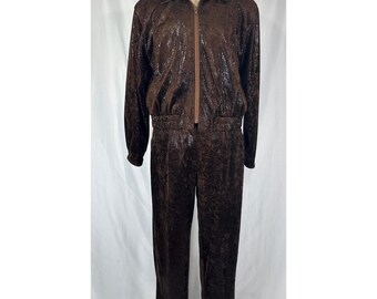 VTG 80s Christine Phillipe Brown Snakeskin Metallic Tracksuit Jacket Pants S/M