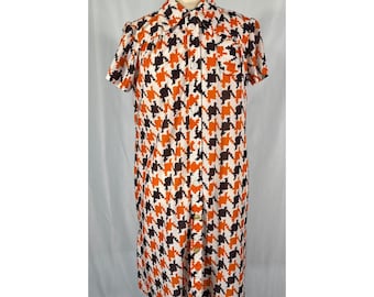 Vintage 70s Orange Brown Houndstooth Short Sleeve Shirt Dress Sheath Mod Groovy