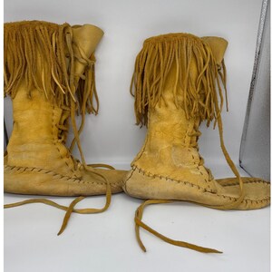 Handmade Vintage Leather Fringe Moccasin Boots Tall Lace Up Native American 11in image 5