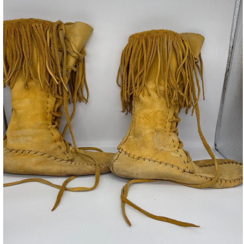 Handmade Vintage Leather Fringe Moccasin Boots Tall Lace Up Native American 11in image 5