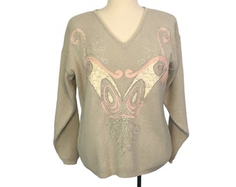 Donna Toran Womens Vintage Gray Pink Parrot Applique Sweater, Birds, M