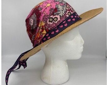 Vintage Mary Quant Straw Sun Hat Psychedelic Pink Floral Animal Print England
