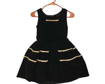 Homemade Vintage Girls Black Velvet Jumper Dress, Eyelet, 50s 60s
