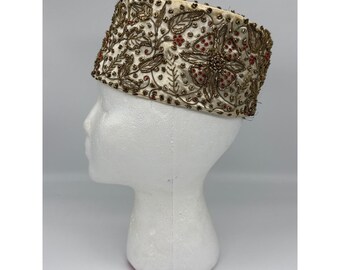 Miss Rose Original Vintage Pillbox Hat Gold Cream Beaded Floral Embroidery