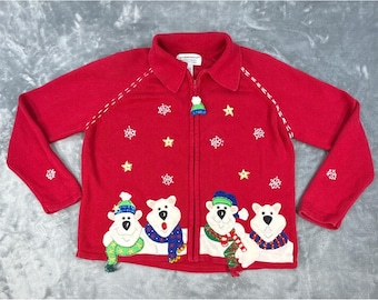 Tiara International Polar Bear Ugly Christmas Sweater Red Zip Up Cardigan Lg VTG