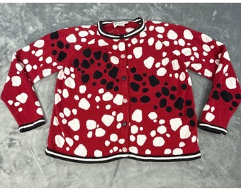 Bellepointe Vintage Red Dalmation Spot Cardigan Sweater Ramie Cotton Womens Med