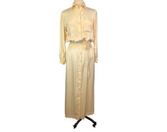 Oggee Lillie Rubin Vintage 70s White Satin Maxi Dress w/ Rope Belt 36 Bust