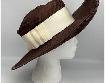 I. Magnin Irene of New York Vintage Brown Wide Brim Straw Hat Cream Ribbon Bow