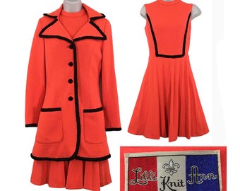 Lilli Ann Knit Vintage 60s 70s Mod Orange Black Dress & Coat Set, 34 bust, XS