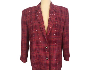 Criscione Womens Vintage 80s Pink Plaid Wool Blend Oversized Blazer, Rhinestones L