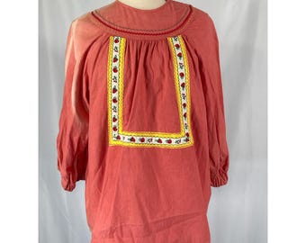 Vintage 70s Handmade Coral Peasant Blouse Strawberry Ribbon Trim Rickrack Boho