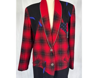 VTG Canvasbacks 80s Avant-Garde Red Plaid Colorblock Blazer Oversized Jacket Art
