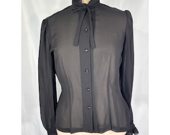Vintage Collegian of California Black Sheer Ruffle Tie Neck Blouse Shirt 38 bust