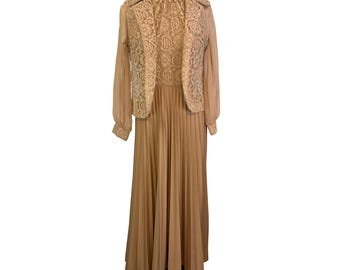 Vintage 60s 70s Beige Chiffon Lace Hostess Dress, Maxi, Vest, 36 bust 26 waist