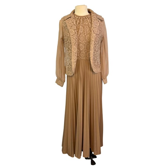 Vintage 60s 70s Beige Chiffon Lace Hostess Dress, Maxi, Vest, 36 Bust 26 Waist