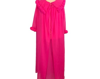 Womens Vintage 70s Neon Pink Sheer Peignoir Set, Gown and Robe, Ruffle, Small