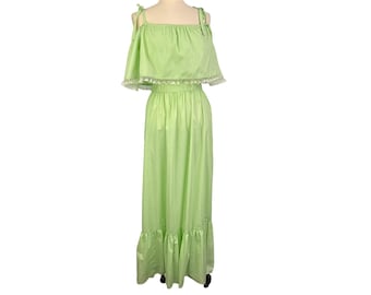 Vintage Maxi Dress Green Cottagecore Lace Off Shoulder Ruffle Sundress. 38 bust